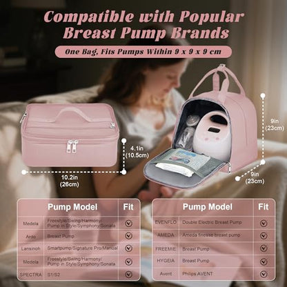 Breast Pump Bag with Insulated Cooler, Double-Layer Pumping Bag for Work & Travel, Fits Most Electric Breast Pumps, Includes 10 Ice Packs & Waterproof Mat, Detachable Bottle Cooler Tote, Pink - color: Pink