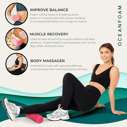 Oceanfoam Ripple Travel Foam Roller (11" x 3.35") Firm Mini Foam Roller for Physical Therapy, Deep Tissue Massage, Back Pain - High Density, Ergonomic Wave Textured, Yoga, Pilates, Exercise (Hot Pink) - color: Hot Pink