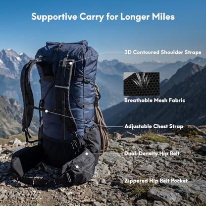 Haimont 40L+15L Roll-Top Backpacking Pack with Rain Cover, Blue | Expandable 55L, Hip Belt Support, Sleeping Pad Carry, Pole Attachments, YKK & Duraflex - color: Blue