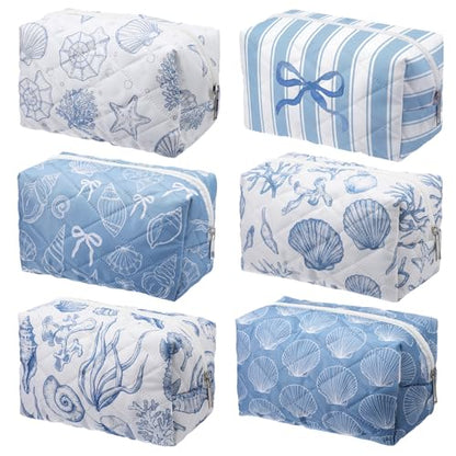 Hillban 6 Pcs Ocean Quilted Cosmetic Bags Coastal Themed Gifts Ocean Aesthetic Essential Makeup Bags Starfish Coral Seashell Beach Kit for Women Travel Vacation Accessories(Seashell) - style: Seashell