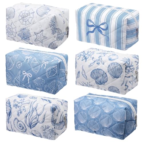 Hillban 6 Pcs Ocean Quilted Cosmetic Bags Coastal Themed Gifts Ocean Aesthetic Essential Makeup Bags Starfish Coral Seashell Beach Kit for Women Travel Vacation Accessories(Seashell) - style: Seashell