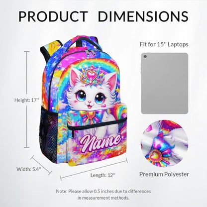 Toddler Backpack for Girls Personalized Cat School Bag - Customized Kindergarten Bookbag for Kids, Water Resistant Daypack for Elementary Students (17 Inch) - color: White