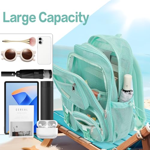 Green Mesh Backpack for Girls Boys, Mesh Bookbags Heavy Duty Semi-Transparent School Bag for College, Travel, Beach, Swimming, Sports - color: Green