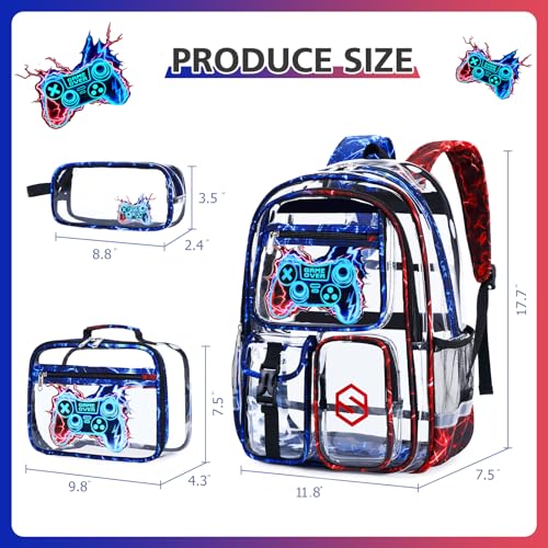 DIGOBAY 3PCS Cool Luminous Clear Backpack for Boys Kids, Gamer Clear Bookbag for School, See Through PVC Transparent Backpacks with Lunch Bag Pencil Case, Backpack Heavy Duty for School Stadium - color: Red-blue Lightning