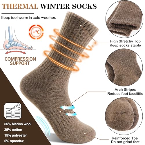 MOGGEI 5 Pairs Womens Merino Wool Socks Hiking Warm Winter Thick Thermal Crew Cozy Cabin Ladies Gift Comfy Boot Work Socks - color: Khaki/Coffee/Gray/Blue