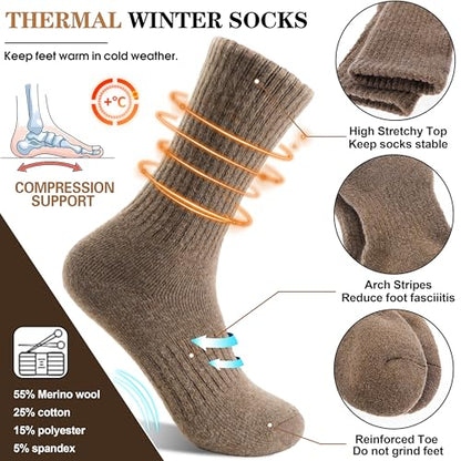 MOGGEI 5 Pairs Womens Merino Wool Socks Hiking Warm Winter Thick Thermal Crew Cozy Cabin Ladies Gift Comfy Boot Work Socks - color: Khaki/Coffee/Gray/Blue