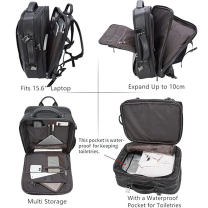 Masa Kawa Leather 15.6 Inch Laptop Backpack for Men Expandable 36L Business Travel Rucksack Daypack Weekender Bag - color: Black