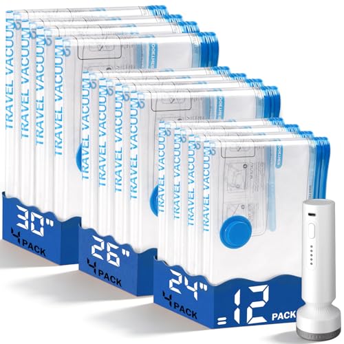 12 Pack Vacuum Storage Bags for Travel with Rechargeable Cordless Pump, Space Saver Bags for Clothes, Compression Packing Bags for Luggage and Suitcase, Blue - size: 12 Combo Size-Blue