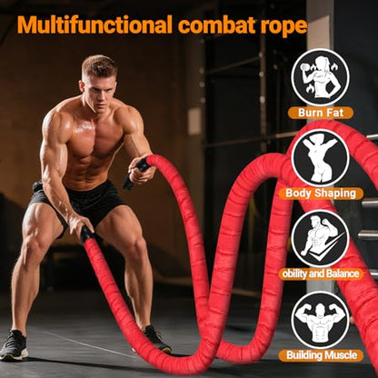 Battle Rope 1/1.26/1.5/2 Inch Diameter,Pink 30FT/40FT/50FT Exercise Workout Ropes for Home Gym Heavy Weighted Training Rope for Working Out - style: 2 inch 30ft-Red