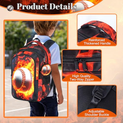 Boys Baseball Backpack with Lunch Box, Kids Backpack Set for School, 17inch Bookbag with Pencil Case Coin Purse Red - color: Baseball