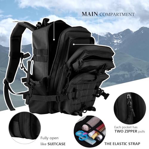 Hannibal Tactical 30L MOLLE Assault Pack, Tactical Backpack Military Army Camping Rucksack with Bottle Holder, 3-Day Pack, Black - color: Black, size: 30L