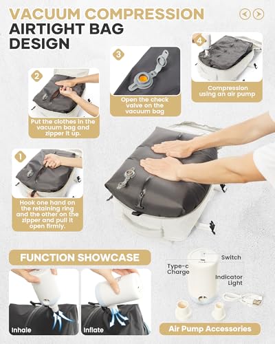 WONHOX Travel Vacuum Storage Backpack with Air Pump Vacuum Seal Compression Space Saver Bags Clothing Vacpack 18x14x8 inches Travel Bag Carry on Personal item Laptop Work Backpacks Women Men Beige - color: A5-beige-(with Air Pump)