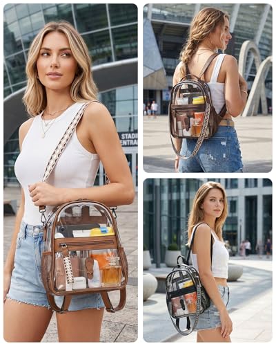 FADEON Clear Small Backpack Purse for Women, Designer Transparent Shoulder Handbag, PVC Mini Clear Bag for Stadium Approved - color: Black Retro Style