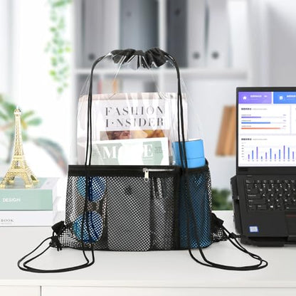 NATURAL STYLE 2 PACK Clear Drawstring Bag Stadium Approved, See Through Transparent PVC Drawstring Backpack, Clear Bag for for Concert Sport Festival Travel Work (Black)
