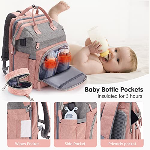 DERJUNSTAR Baby Diaper Bag Backpack with ChangingStation-Large Capacity Baby Bag for Boys & Girls, USBCharging Port, Pacifier Case, sunshade & Toy Bar,Waterproof, Baby Pink - color: Baby Pink