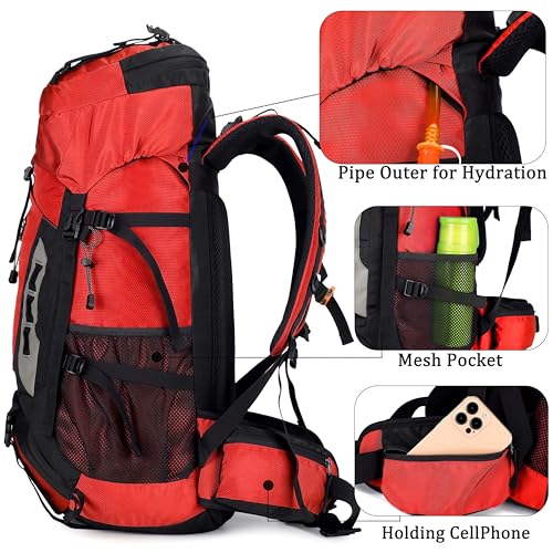 YFREAL 60L Travel Hiking Camping Backpack with Rain Cover,Backpack Water Resistant,Climbing Backpack for Men Women (RED) - color: Red