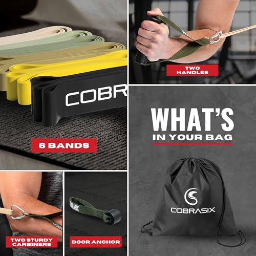 COBRASIX Long Resistance Bands for Working Out | Set of 6 Exercise Bands for Full-Body Training | Pull Up Bands for Home Gym with Handles, Door Anchor and Bar Options | for Men & Women