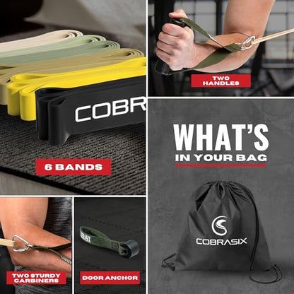 COBRASIX Long Resistance Bands for Working Out | Set of 6 Exercise Bands for Full-Body Training | Pull Up Bands for Home Gym with Handles, Door Anchor and Bar Options | for Men & Women