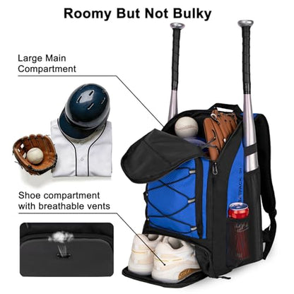 Goloni 40L Baseball Bag, Softball Bat Bag with Shoes Compartment,Fence Hook,Backpack for Baseball, T-Ball & Softball Equipment & Gear - color: Blue