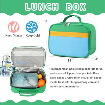 Backpack Set for Girls Boy Kids Backpack with Lunch Box for Elementary Primary Kindergarten School Bag (Green Blue Set, Large) - color: Green Blue