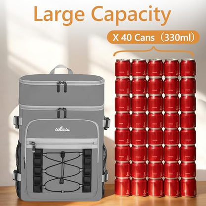 Cooler Backpack, 40 Cans Insulated Lunch Backpack Picnic Backpack for Men&Women, Durable Cooler Bag with 2 Leak Proof Compartments for Picnic, BBQ Camping, Lunch, Beach, Hiking, Gray - color: Gray