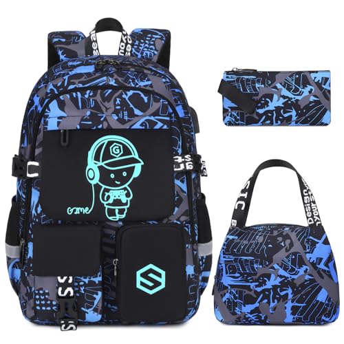 Scothen Boys Backpack, Cool Luminous School Backpacks for Boys with Lunch Bag Pencil Case, Kids Backpack Kindergarten Elementary Middle School Book Bags for Teen Boy Children with USB Charging Port - color: Blue Musicer