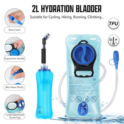 HIPONY Hydration Backpack with 2L Leak-Proof Water Bladder, Lightweight Running Hydration Pack, Adjustable Vest Style Water Backpack for Trail Running, Cycling and Biking - size: 2L Bladder & Two 500ML Soft Bottles