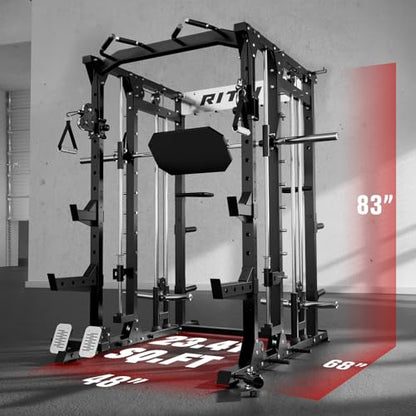 RitFit Buffalo Smith Machine, Power cage with LAT-Pull Down System & Cable Crossover System, All-in-One Squat Rack for Home Gym, Power Rack - color: BLACK, size: Package(With Bench)