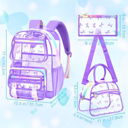 KLFVB 3PCS Girls Clear Backpack Heavy Duty, See Through School Bookbag Set, Cute Transparent Bag for Women - Bow Purple - color: Bow Purple Clear Backpack