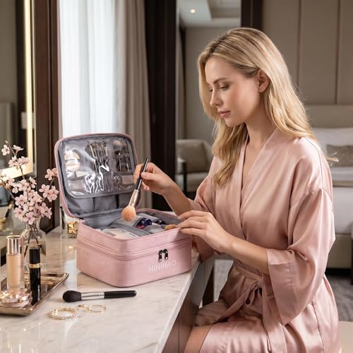 FAYYGYH Makeup Bag, Portable Cosmetic Bag, Travel Makeup Organizer With Handle and Divider, Double Layer Large Organizer Bag, Adjustable Dividers and Brush Organize area- Pink (makeup bag-small)