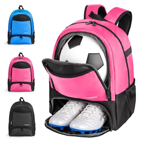 Soccer Backpack with Ball Compartment and Cleat Pocket, Water-Resistant Youth Sports Bag for Soccer Basketball Volleyball, Athletic Gear Bag for Teens & Junior Athletes - color: light fuchsia