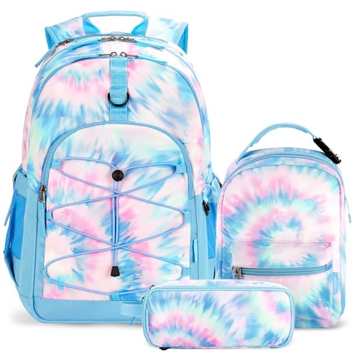 Choco Mocha Girls School Backpack with Lunch Box, Tie Dye Blue Backpack Set for Teen Girls 18 Inch Backpacks, 3 Pcs - color: Tie Dye-blue