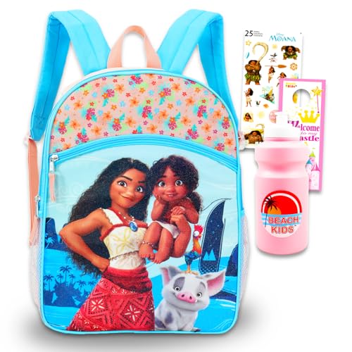 Moana Backpack Set for Girls – 16” Disney School Bag with Water Bottle, Stickers & Door Hanger – Moana School Supplies Bundle for Kids