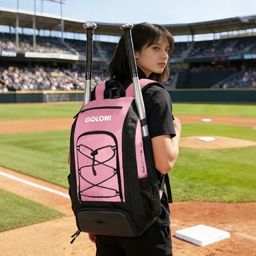 Goloni 40L Baseball Bag, Softball Bat Bag with Shoes Compartment,Fence Hook,Backpack for Baseball, T-Ball & Softball Equipment & Gear - color: Pink