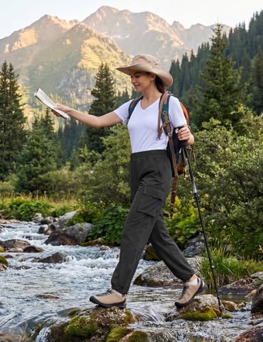 baleaf Women's Hiking Pants Lightweight Water Resistant Quick Dry Cargo Trail Pants with Zippered Pockets Summer SPF - color: Black, size: XX-Large