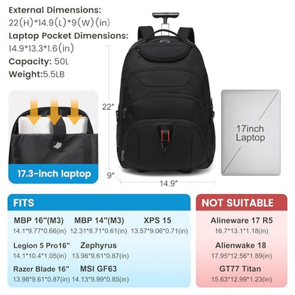 Boavan Rolling Backpack,17 inch Water Resistant Wheeled Backpack,Carry on Luggage Business Bag, Overnight College Computer Trolley Suitcase for Men Women Adults to Travel，Black - color: Black, size: 17.3 inches
