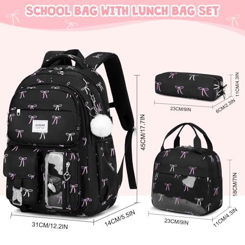 ACESAK Backpack for Girls - Girls Backpack with Lunch Bag & Pencil Pouch for Teen Kids Laptop Backpack for Women, Elementary Middle High School Bookbag Travel Daypack (Black Bow) - color: Black Bow