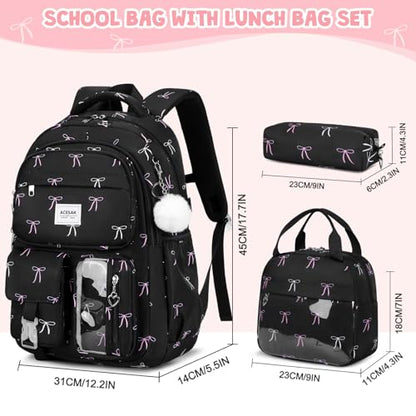 ACESAK Backpack for Girls - Girls Backpack with Lunch Bag & Pencil Pouch for Teen Kids Laptop Backpack for Women, Elementary Middle High School Bookbag Travel Daypack (Black Bow) - color: Black Bow