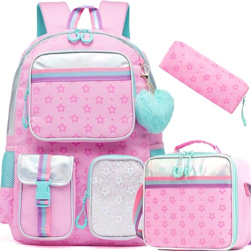 Meetbelify Pink School Backpack with Lunch Box & Pencil Case for Elementary to Teen Girls, Cute Aesthetic Kids Bookbag 8-10 - color: Star Pink 3pcs