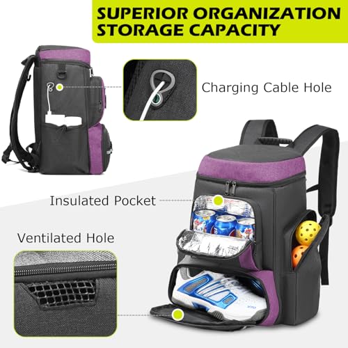 HAMBOLY Premium Pickleball Bag for Men & Women — Large Pickleball Backpack with Padded Paddle Pocket & Shoe Compartment, Tournament Ready with Insulated Cooler & Fence Hook - color: Dark Grey + Purple