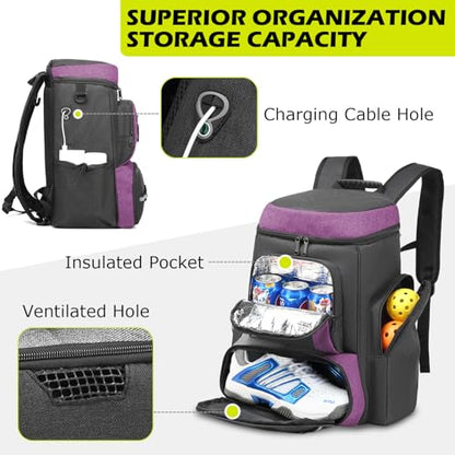 HAMBOLY Premium Pickleball Bag for Men & Women — Large Pickleball Backpack with Padded Paddle Pocket & Shoe Compartment, Tournament Ready with Insulated Cooler & Fence Hook - color: Dark Grey + Purple