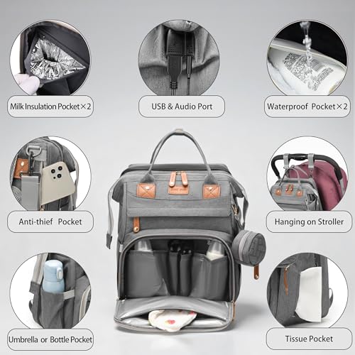 Diaper Bag Backpack with Changing Station, Waterproof for Travel, Gray - color: Grey