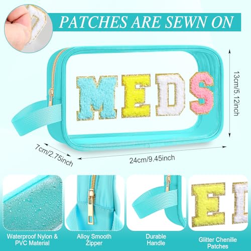 Kacctyen Letter Clear Meds Bag Makeup Pouch Waterproof Chenille Nylon Medicine First Aid Bag for Travel Preppy Cosmetic Toiletry Storage Bags with Handle Pill Snack Pouch for Women Men - color: Blue, style: Meds
