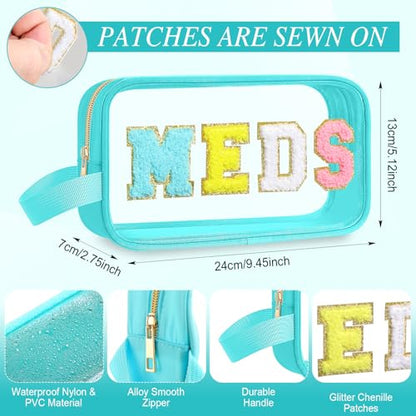 Kacctyen Letter Clear Meds Bag Makeup Pouch Waterproof Chenille Nylon Medicine First Aid Bag for Travel Preppy Cosmetic Toiletry Storage Bags with Handle Pill Snack Pouch for Women Men - color: Blue, style: Meds
