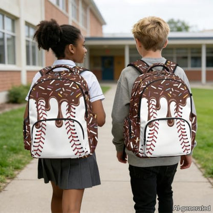Suobstales Brown Baseball Ice Cream Drip Print School Backpack for Kids Girls Boys School Bag Bookbags Laptop Backpack Casual Daypack Knapsack Satchel with Adjustable Straps for Outdoor Travel - color: Brown Baseball Ice Cream Drip