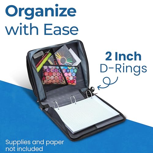 Case-it 2 Inch 3 O-Ring Zipper Binder with Padded Laptop Case Workstation, Shoulder Strap, LT-117, Black - color: D Black / Multi, size: 1 Pack