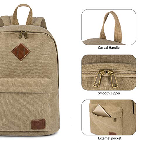 Canvas College Laptop Backpack, Durable Rucksack, Travel Bag Fits 15.6 Inch Notebook for Men Women, Khaki - color: Khaki