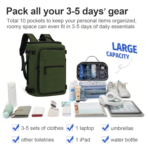 Carry On Travel Backpack Flight Approved Laptop Backpack Business Work Backpack for Women Men Large Capacity Casual Daypack with Wet/Dry Separation Pockets, Dark Green - color: Dark Green, style: B