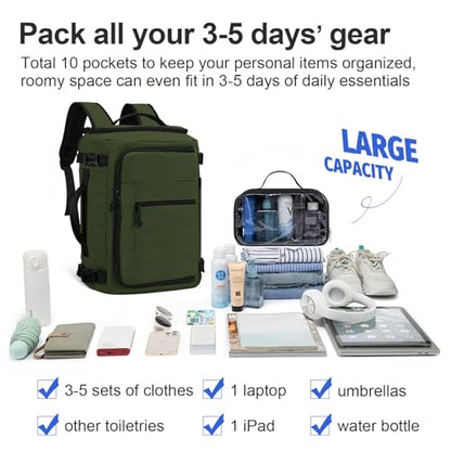 Carry On Travel Backpack Flight Approved Laptop Backpack Business Work Backpack for Women Men Large Capacity Casual Daypack with Wet/Dry Separation Pockets, Dark Green - color: Dark Green, style: B