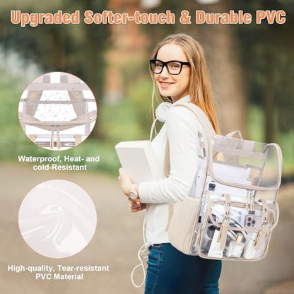 DIGOBAY Clear Backpack with Lunch Bag Set, Leather Clear Backpack Heavy Duty Thick PVC Bookbag Large See Through Transparent Backpacks with Support Pad for College Travel Workplace Security Khaki - color: Khaki